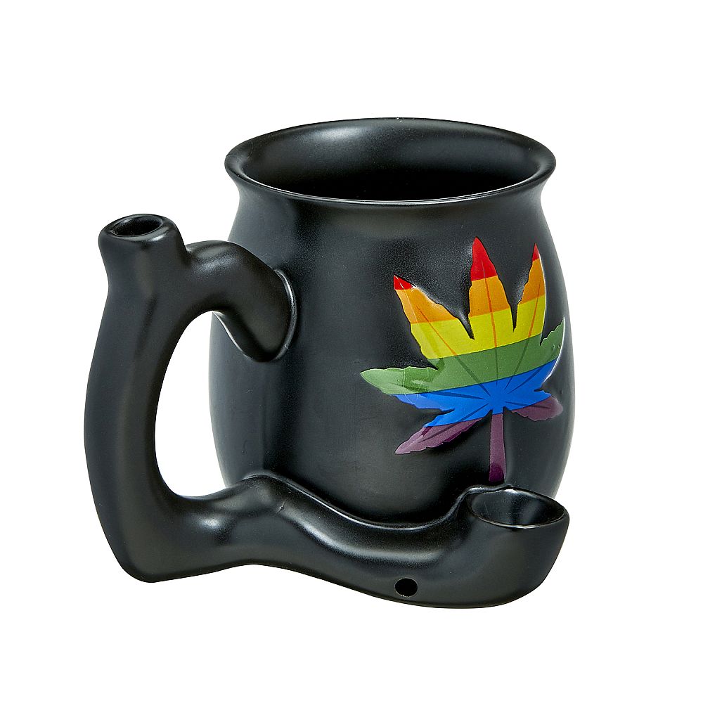embossed leaf matt black mug - rainbow leaf