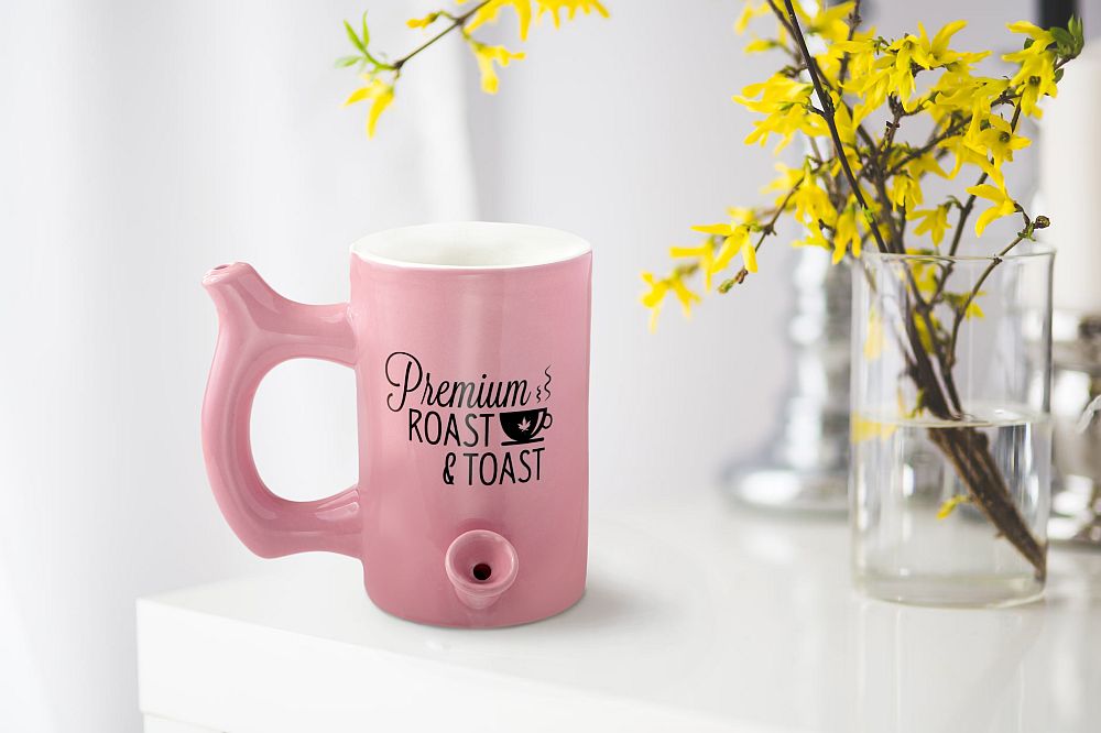 Pink roast & Toast mug with black logo