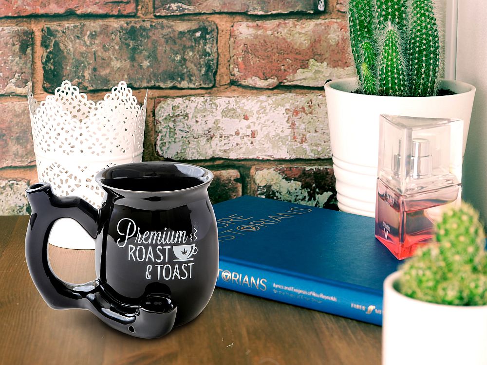 Premium Roast & Toast Single Wall Mug - Shiny Black with White Print